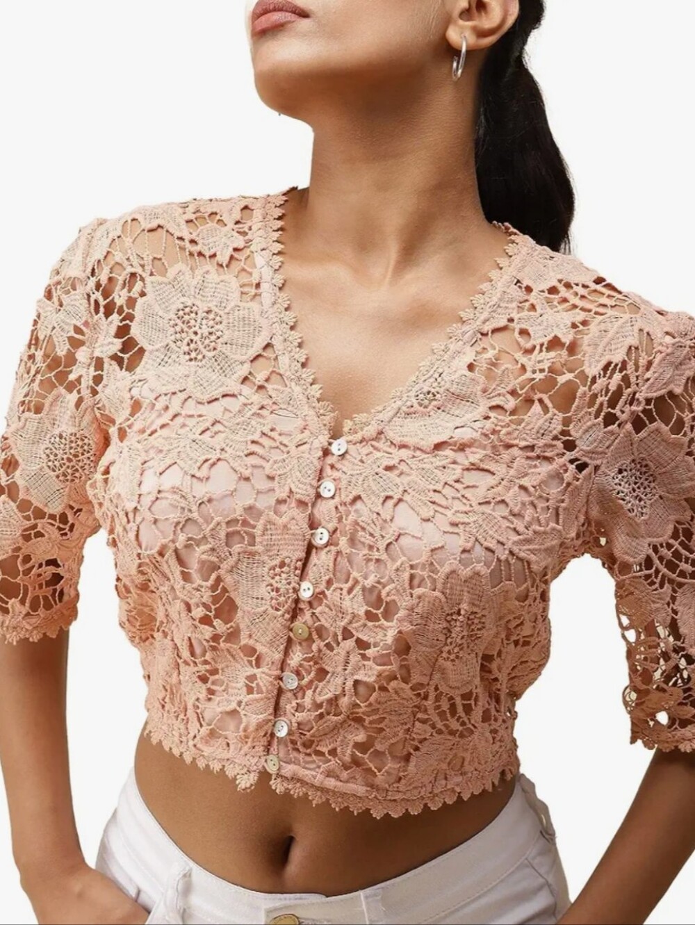 Label Ritu Kumar Peach Schiffli Lace Crop Top S V-Neck Boho Size S